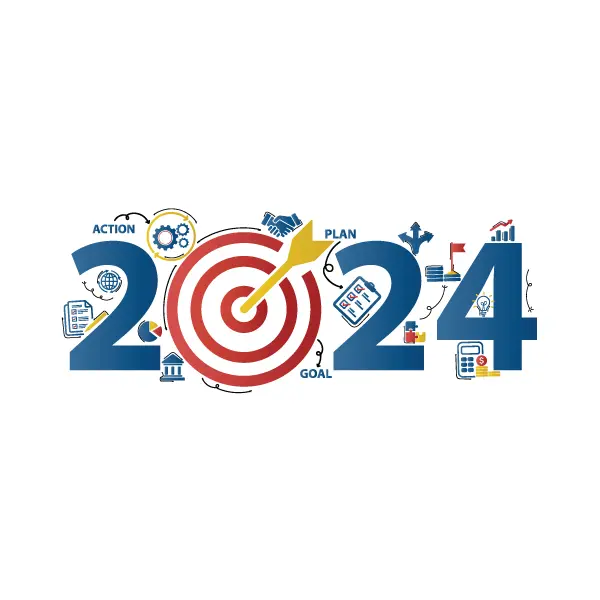 2024 new year goal plan action with target icons, Business plan, financial plan and strategies. Annual plan and development for achieving golas. Goal achievement and success in 2024. Vector illustrator set.