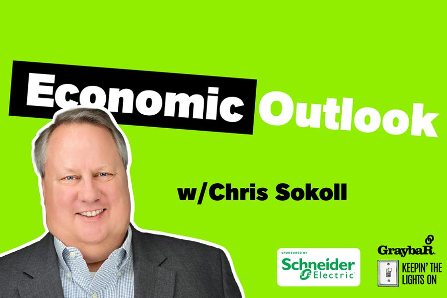 Podcast host portrait with Economic Outlook text