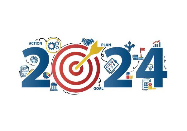 2024 new year goal plan action with target icons, Business plan, financial plan and strategies. Annual plan and development for achieving golas. Goal achievement and success in 2024. Vector illustrator set.