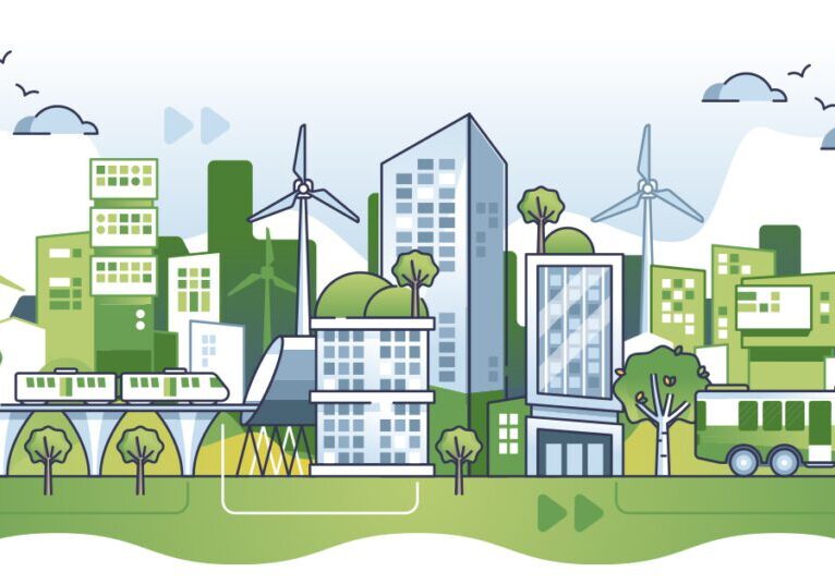 Sustainable green city with alternative and ecological power usage outline concept. Modern future environment without global warming, CO2 pollution and clean climate awareness vector illustration.